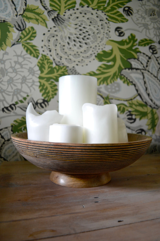 Wooden bowl, wooden pedestal bowl, decorative bowl, coffee table decor, home decor, eclectic home, carved wood decor, large bowl, bohemian decor, full view