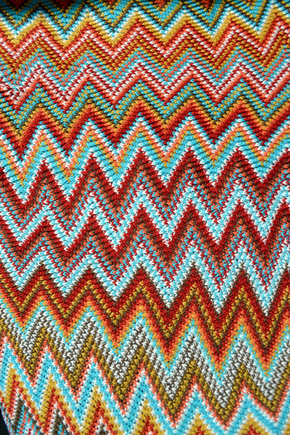 Colorful throw blanket, boho blanket, zig zag blanket, blue red brown blanket, throw blanket, home decor, zoomed out view