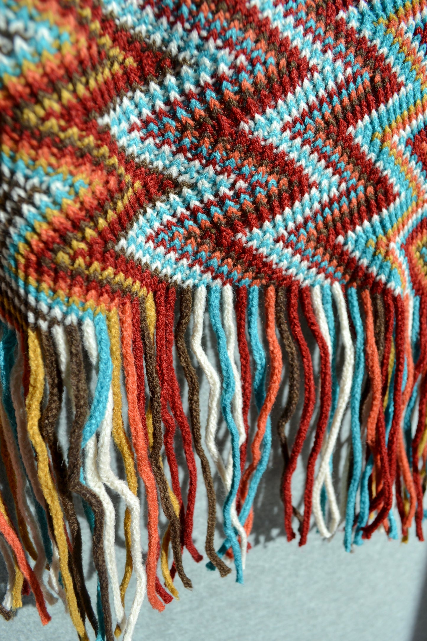 Colorful throw blanket, boho blanket, zig zag blanket, blue red brown blanket, throw blanket, home decor, zoomed in view