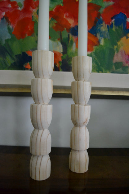 Wooden candlestick holder, candle holder set, pine candle holder, light wood candlestick holder, home decor, zoomed in view