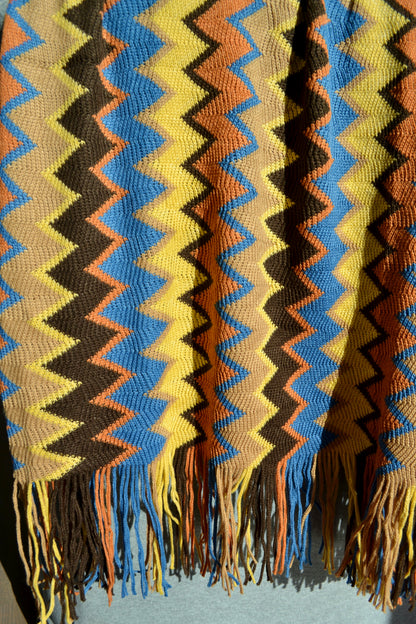 Colorful throw blanket, boho blanket, zig zag blanket, brown yellow orange blue blanket, throw blanket, home decor, zoomed out view