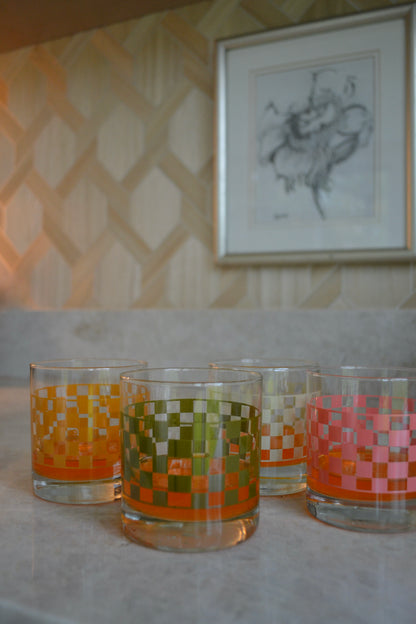 Checkerboard glasses, glasses set, multicolored drinking glasses, screen printed glasses, green orange pink beige glasses, home decor, zoomed out view