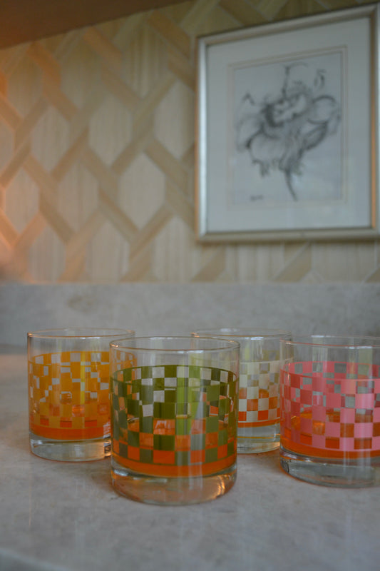 Checkerboard glasses, glasses set, multicolored drinking glasses, screen printed glasses, green orange pink beige glasses, home decor, zoomed out view