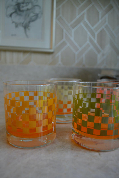 Checkerboard glasses, glasses set, multicolored drinking glasses, screen printed glasses, green orange pink beige glasses, home decor, zoomed in view