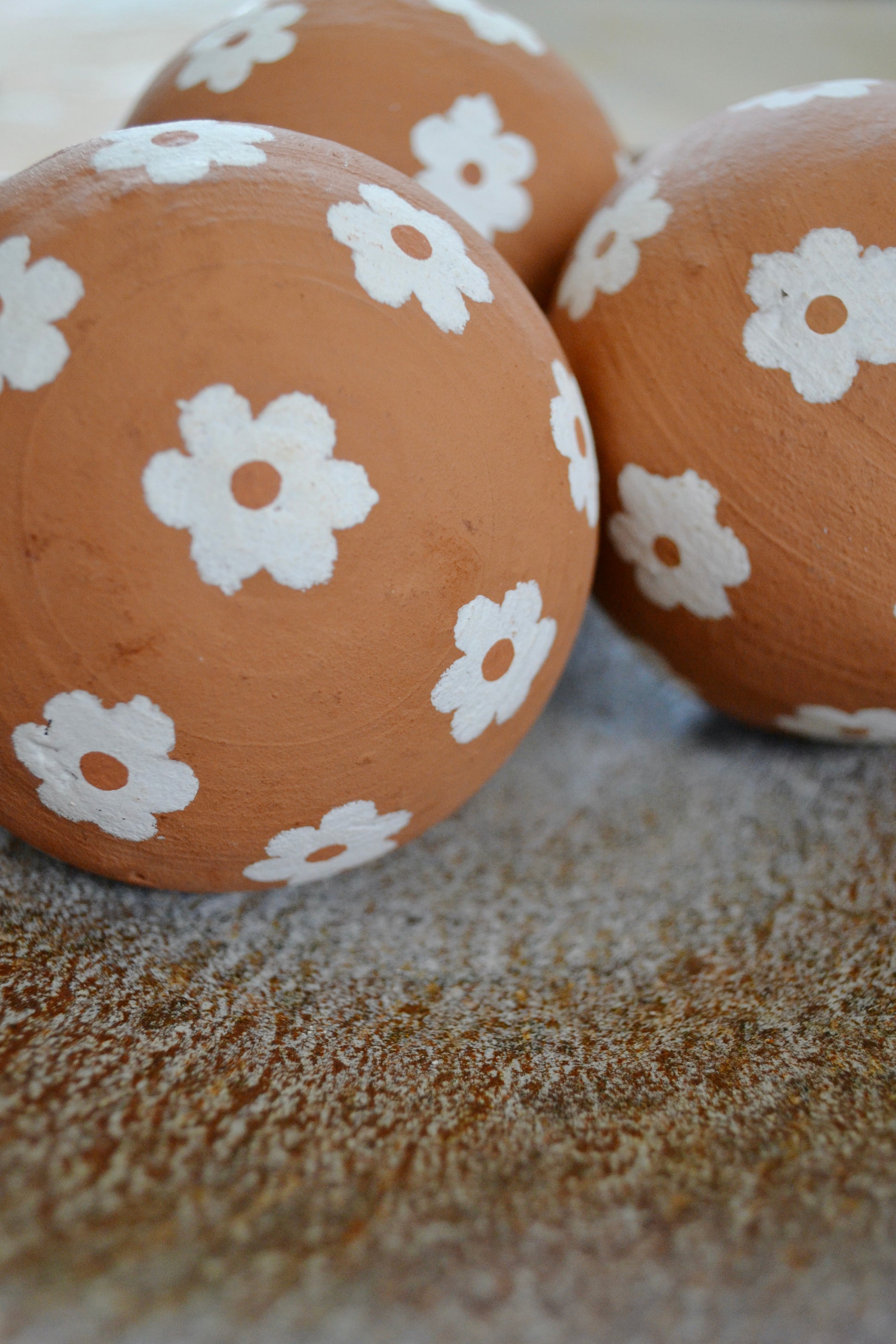 Terracotta decorative ball, flower home decor, painted decorative objected, painted flowers, very close up