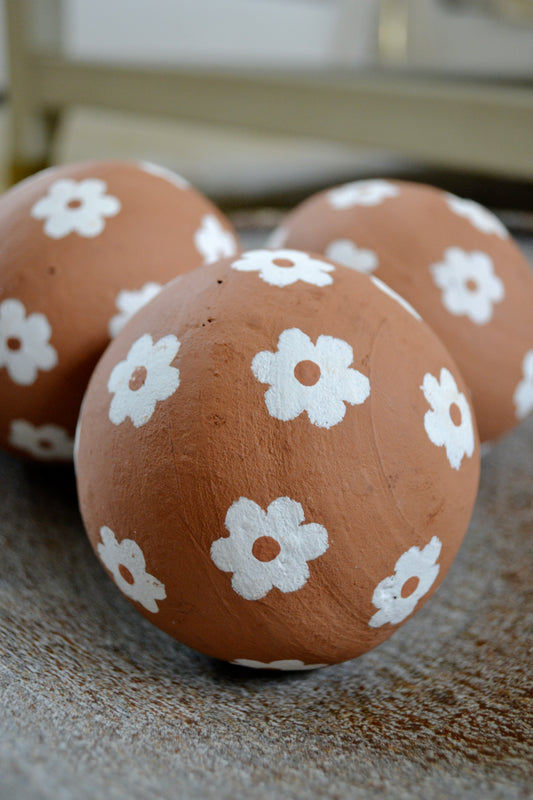 Terracotta decorative ball, flower home decor, painted decorative objected, painted flowers, close up