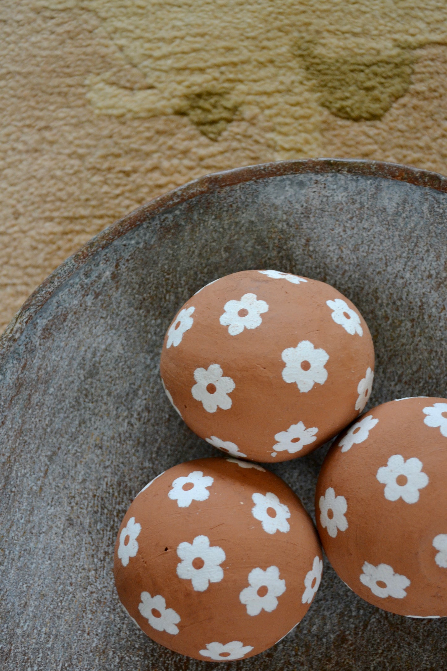 Terracotta decorative ball, flower home decor, painted decorative objected, painted flowers, in bowl